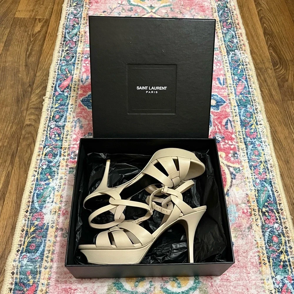 Saint Laurent Tribute Nude Powder 75MM Leather Platform Sandals - Picture 5 of 11